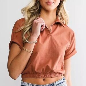 Fitz + Eddi Mauve Terracotta Crop Polo Shirt Cotton Elastic Waist Raw Hem Small
